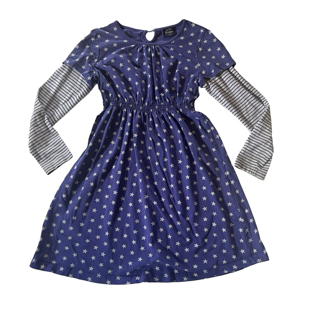 Mini Boden Girls Size 9-10Y Purple Gray Dress Star Stripe A-Line 100% Cotton